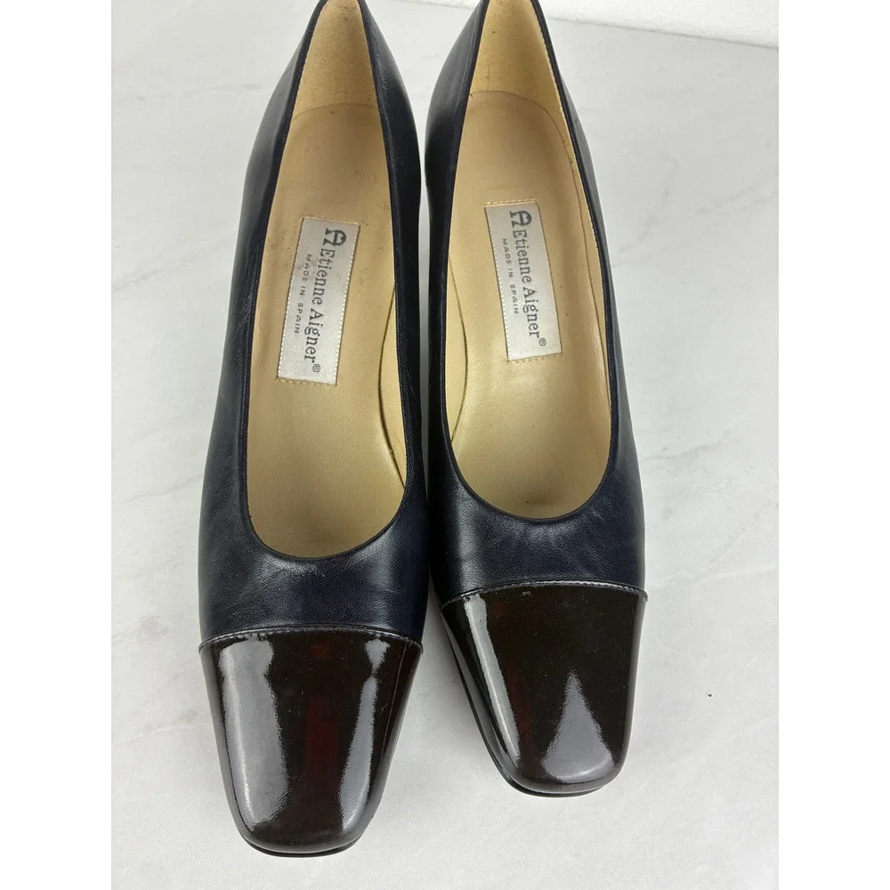 Etienne Aigner Navy Pumps - 8N- Leather Cap Toe Block Heel Strada Classic Office